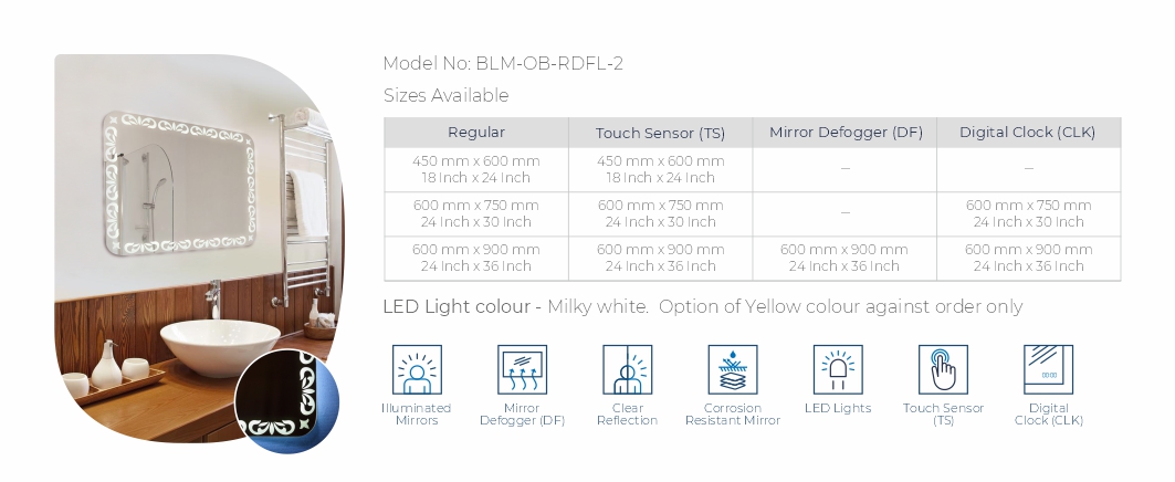 BLM-OB-RDFL2 Back Lit Mirror Rounded corners  with Outside Border-Flower Design